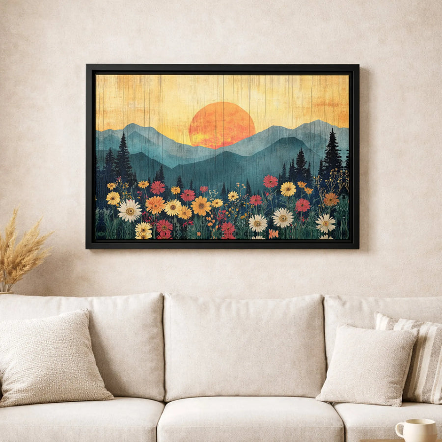 Mountain Sunset Canvas Art | Wildflower Meadow Landscape Print | Premium 1.25 Inch Gallery Wrap | Nature Wall Decor Gift for Home Office