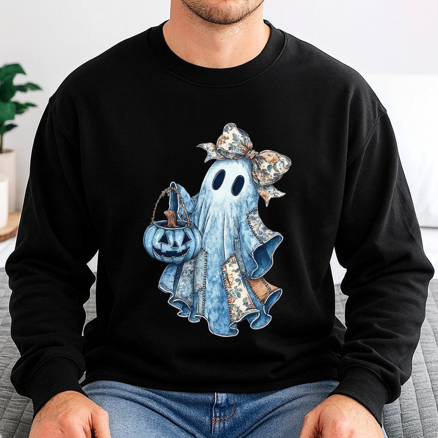 Cute Ghost Sweatshirt | Denim Patchwork Pumpkin Design | Premium Cotton Blend | Aesthetic Halloween Gift For Women And Teens