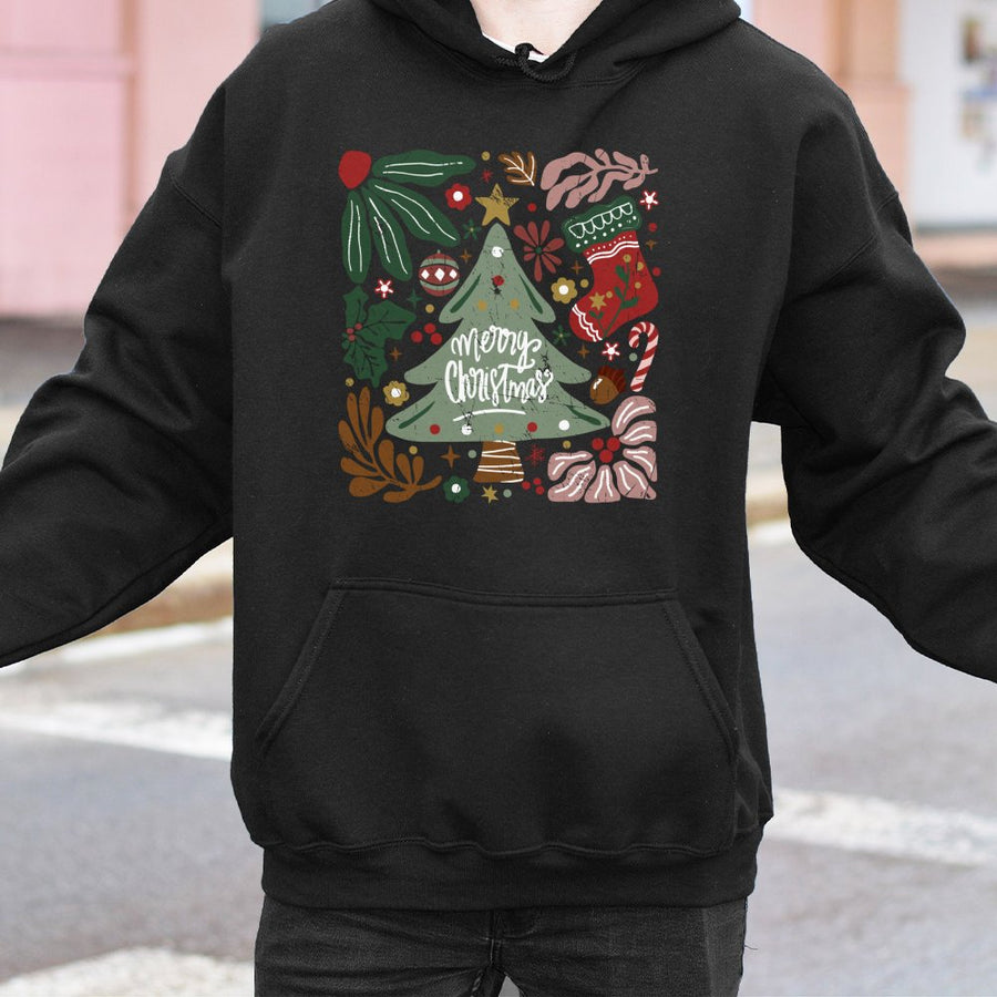Merry Christmas Tree Hoodie | Festive Botanical Holiday Illustration | Premium Cotton-Blend Graphic Pullover | Cozy Unisex Christmas Gift for Adults