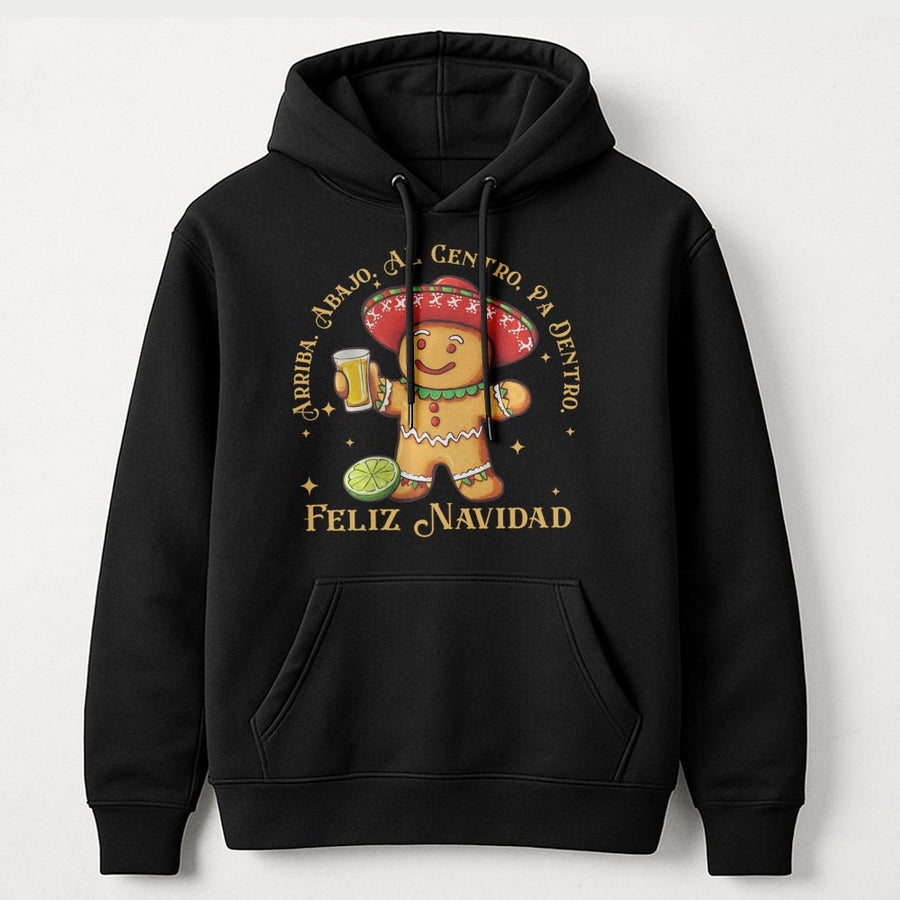 Feliz Navidad Gingerbread Hoodie | Funny Mexican Christmas Tequila Drinking Design | Cotton Blend Sweatshirt | Festive Latino Holiday Gift