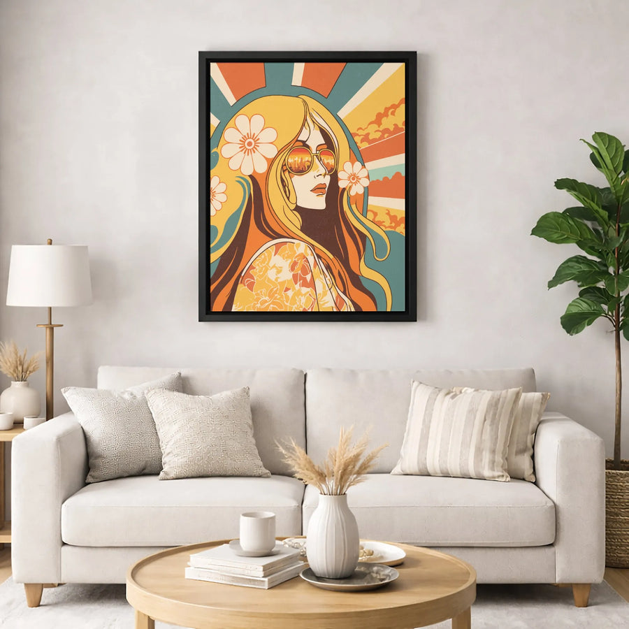 Retro 70s Hippie Woman Canvas Wall Art | Boho Floral Portrait Design | Premium Gallery Wrapped Print | Vintage Aesthetic Gift for Home Decor
