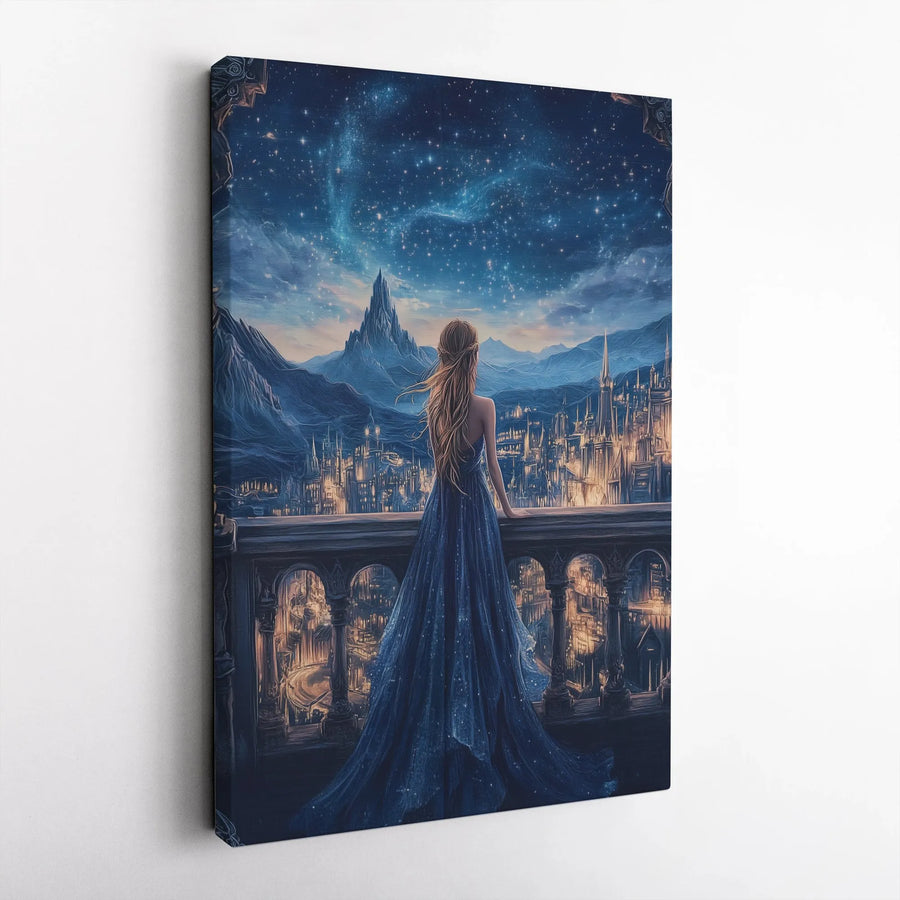 Fantasy City Wall Art | Woman In Blue Gown Starry Night Print | Gallery Quality 1.25" Canvas | Whimsical Bedroom Decor Gift For Her