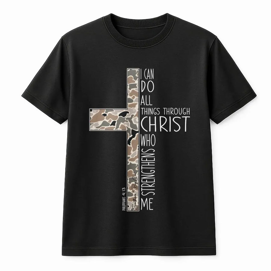 Philippians 4:13 T-Shirt | Camo Cross Graphic Bible Verse | Premium Cotton Faith Tee | Christian Gift for Men and Women