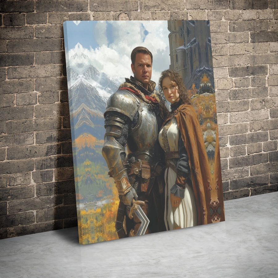 Knight and Maiden Fantasy Canvas | Medieval Castle Mountain Wall Art | Premium Gallery Wrapped Decor | Romantic Couple Gift for Home Office