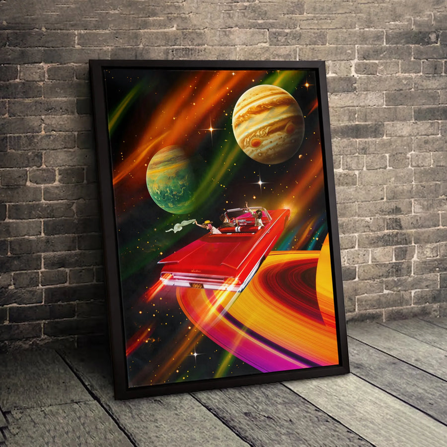 Retro Space Car Canvas | 1960s Red Convertible Galaxy Art | Premium Gallery Wrapped Print | Sci-Fi Surreal Wall Decor for Living Room