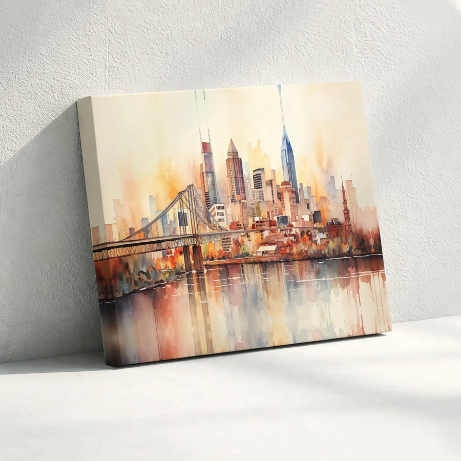 Philadelphia Skyline Canvas Art | Ben Franklin Bridge Watercolor Print | Premium Gallery Wrapped Wall Decor | Cityscape Home Office Gift