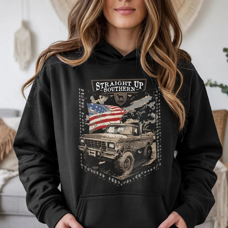 Off Road Truck Hoodie | Vintage American Flag Graphic | Premium Cotton Blend | Gift For Country Music And Outdoor Adventure Lovers