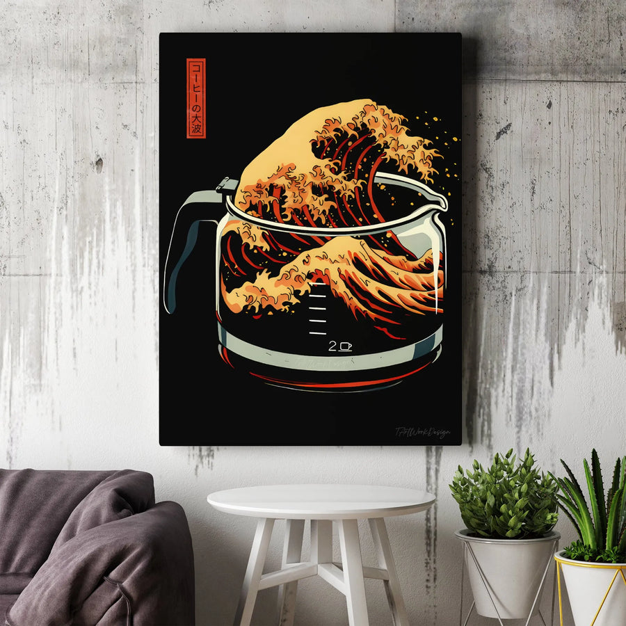 Japanese Great Wave Coffee Pot Canvas Art | Hokusai Inspired Wall Decor | Gallery-Wrapped Premium Print | Unique Kitchen & Coffee Bar Gift
