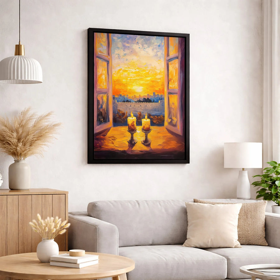 Jerusalem Shabbat Candles Canvas Print | Old City Sunset Oil Painting | Gallery-Quality Wall Art | Religious Jewish Home Decor Gift