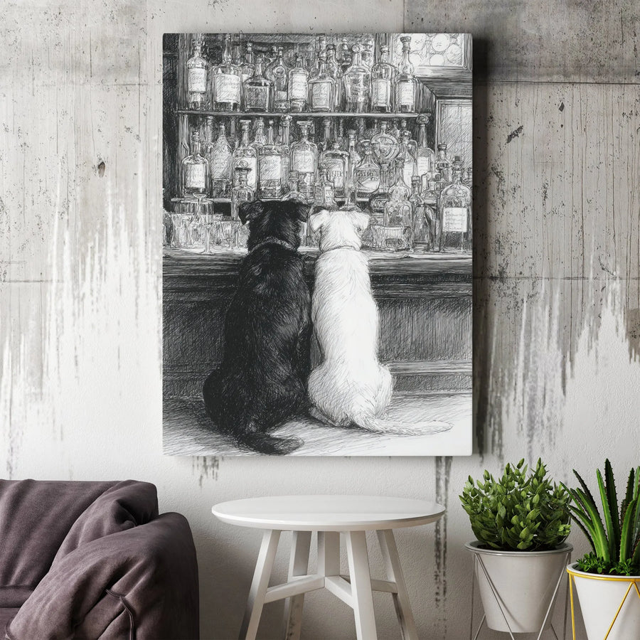 Labrador Dogs at Bar Canvas Print | Black and White Sketch Art | Premium 1.25 Inch Gallery Wrap | Dog Lover Home Office Gift Decor