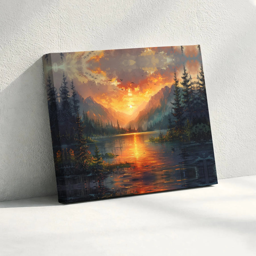 Mountain Lake Sunset Canvas Wall Art | Golden Hour Pine Forest Print | 1.25-Inch Premium Gallery Wrap | Nature-Inspired Home Decor