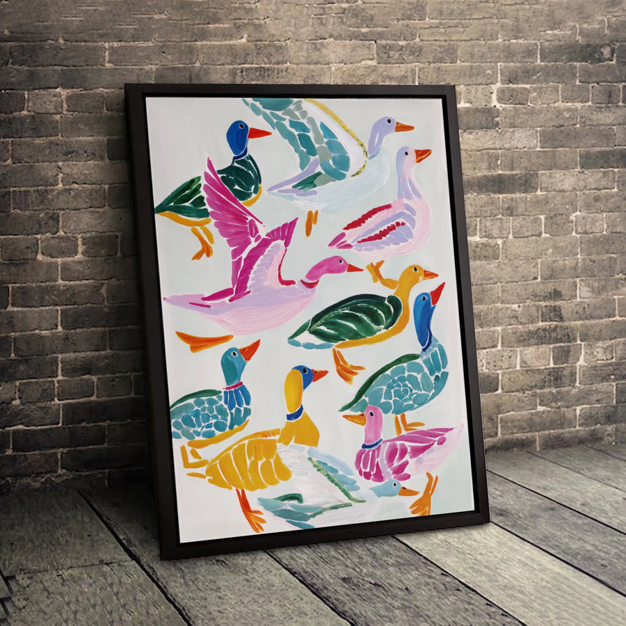 Colorful Duck Flock Canvas Wall Art | Stylized Impressionist Bird Print | 1.25-Inch Gallery Wrap | Premium Decor for Farmhouse or Modern Home