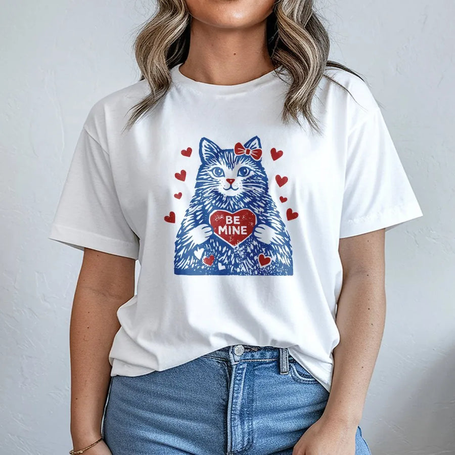 Valentine Cat T-Shirt | Be Mine Heart Graphic | Premium Cotton Unisex Tee | Cute Cat Lover Gift for Her
