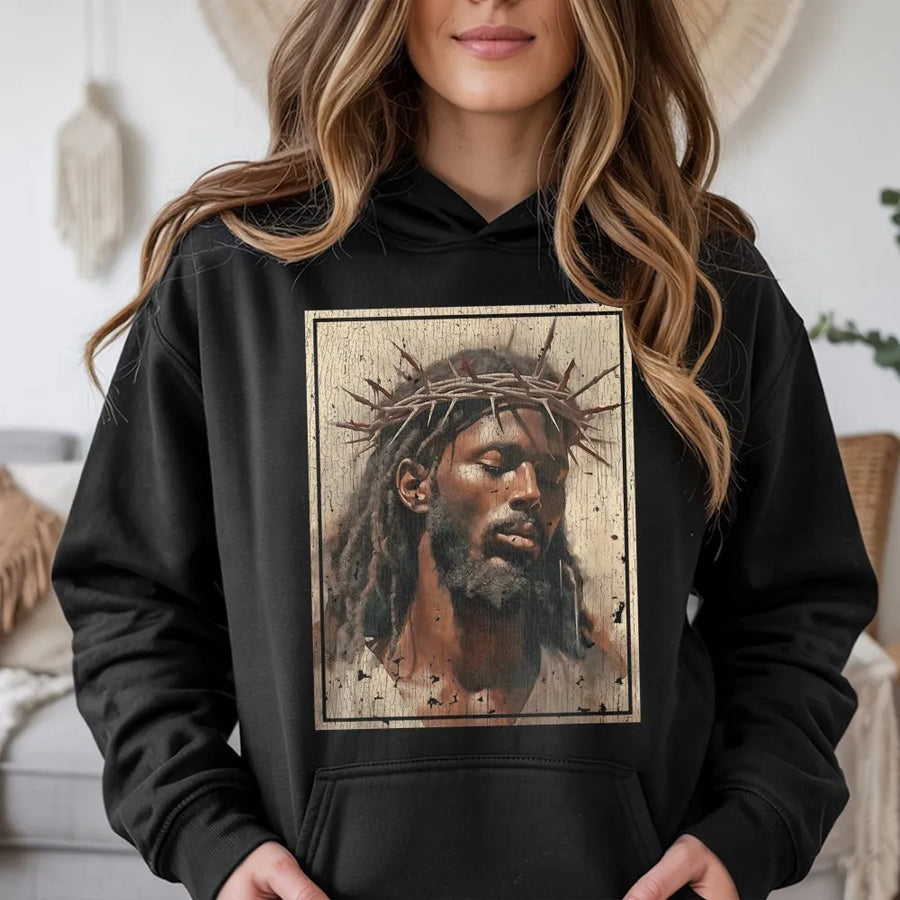 Black Jesus Hoodie | Crown of Thorns Religious Art | Premium Cotton-Blend Pullover | Christian Faith Gift for Men and Women