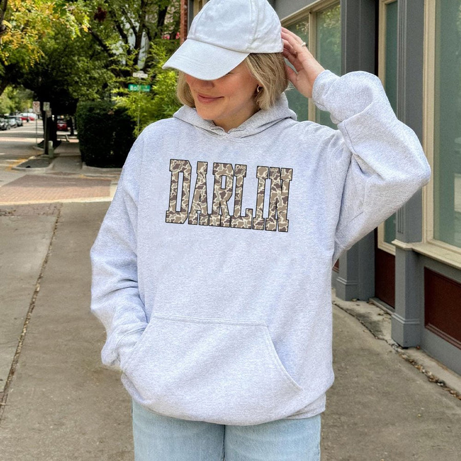 Darlin Camo Hoodie | Varsity Letter Graphic Pullover | Premium Cotton-Poly Blend | Southern Style Gift for Women