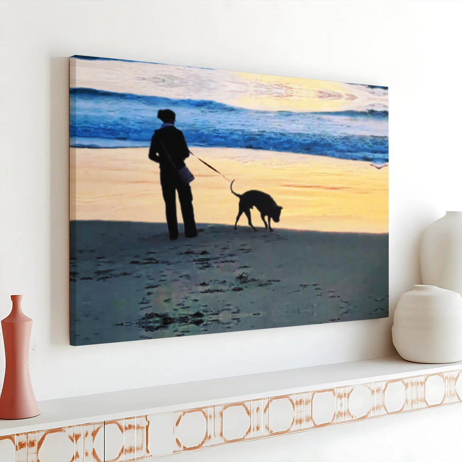 Dog Walking Beach Canvas | Sunset Silhouette Wall Art | Premium Gallery Wrapped Decor | Gift for Dog Lovers