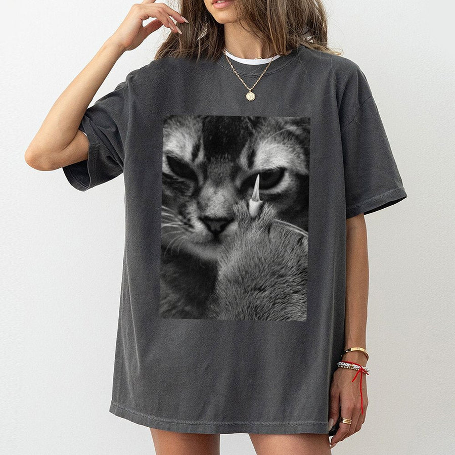 Angry Cat Middle Finger T-Shirt | Sassy Kitten Graphic Tee | 100% Cotton Premium Quality | Funny Meme Gift for Cat Lovers
