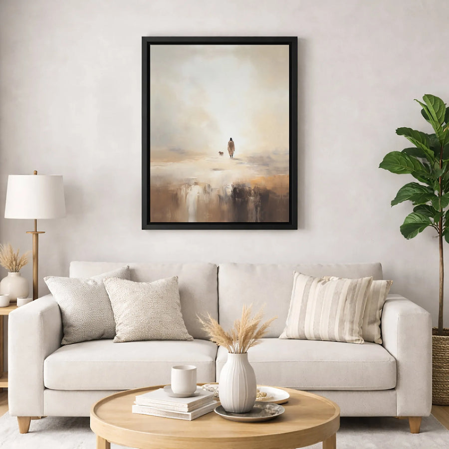 Minimalist Landscape Canvas Wall Art | Lone Wanderer With Dog Silhouette | Premium Fade-Resistant Print | Serene Home Office Decor Gift
