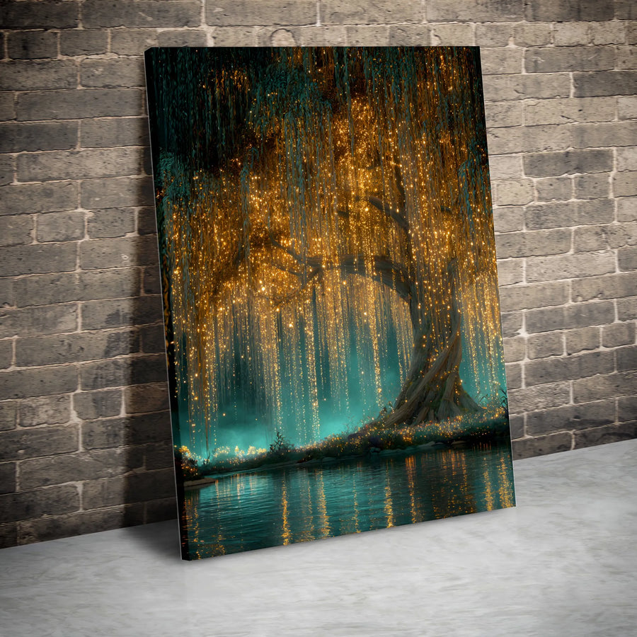 Enchanted Willow Tree Vertical Canvas | Fantasy Forest with Glowing Fairy Lights | Premium 1.25" Thick Gallery Wrap | Magical Living Room Wall Decor Gift