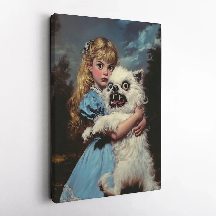 Surreal Girl With Monster Dog Canvas Print | Dark Whimsical Gothic Wall Art | Premium Gallery-Wrapped Portrait | Unique Home Decor Gift
