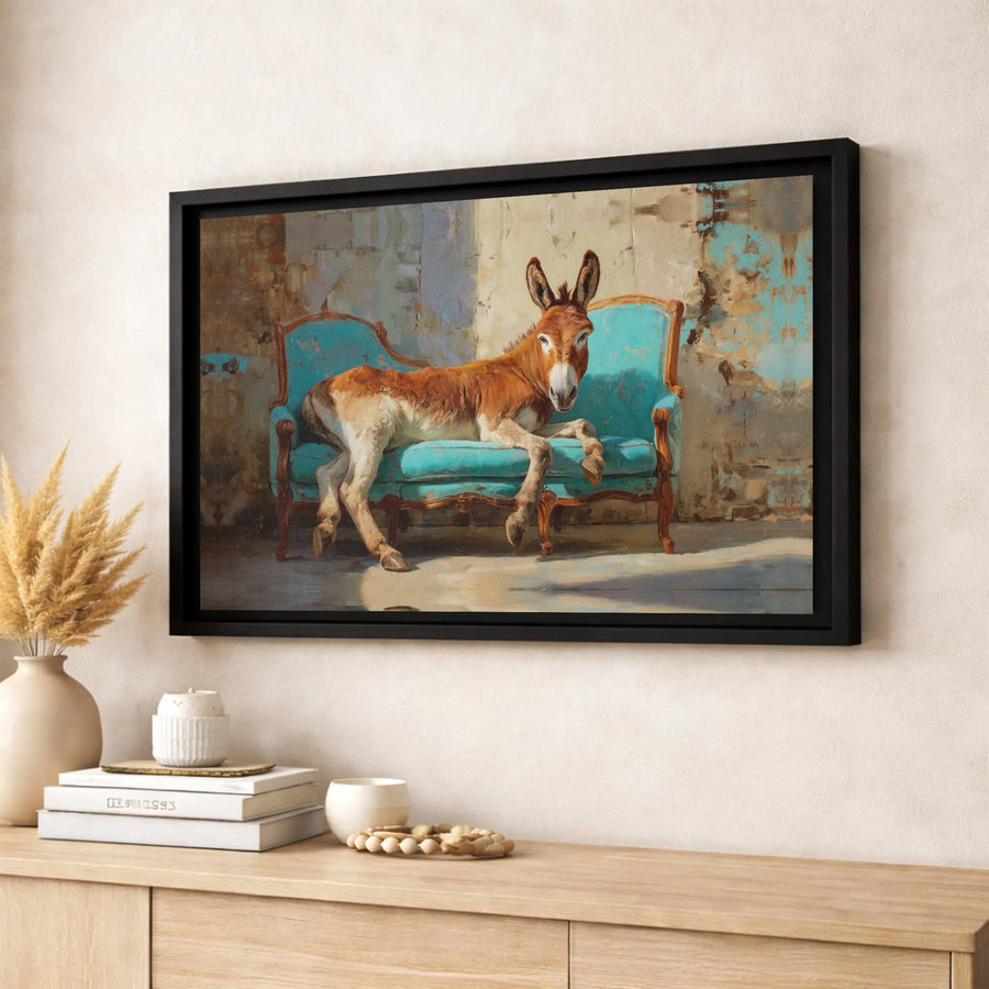 Donkey Wall Art | Funny Animal Lounging on Turquoise Sofa Painting | Premium Gallery Wrap Canvas | Whimsical Farmhouse Home Decor Gift