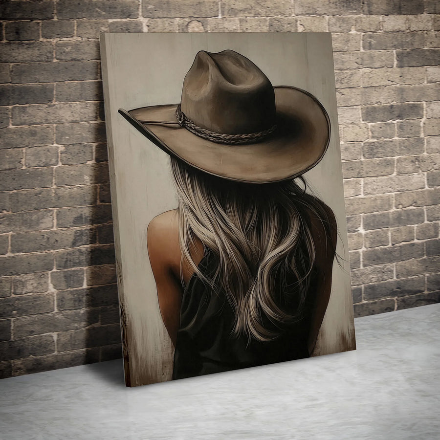 Western Woman Canvas Wall Art | Blonde Cowgirl Portrait Print | Premium Gallery Wrapped Decor | Modern Farmhouse Living Room Gift