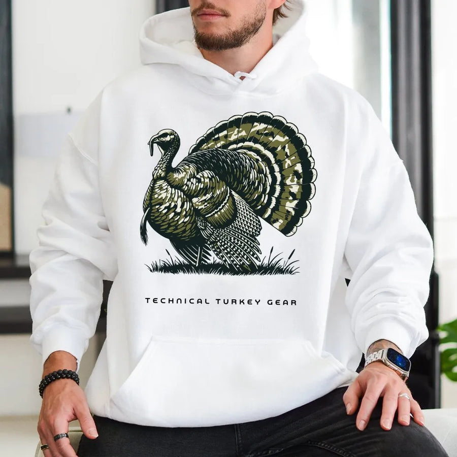 Turkey Hunting Hoodie | Vintage Strutting Gobbler with Camo Feathers Graphic | Premium Cotton Tee | Outdoorsman Gift for Hunters