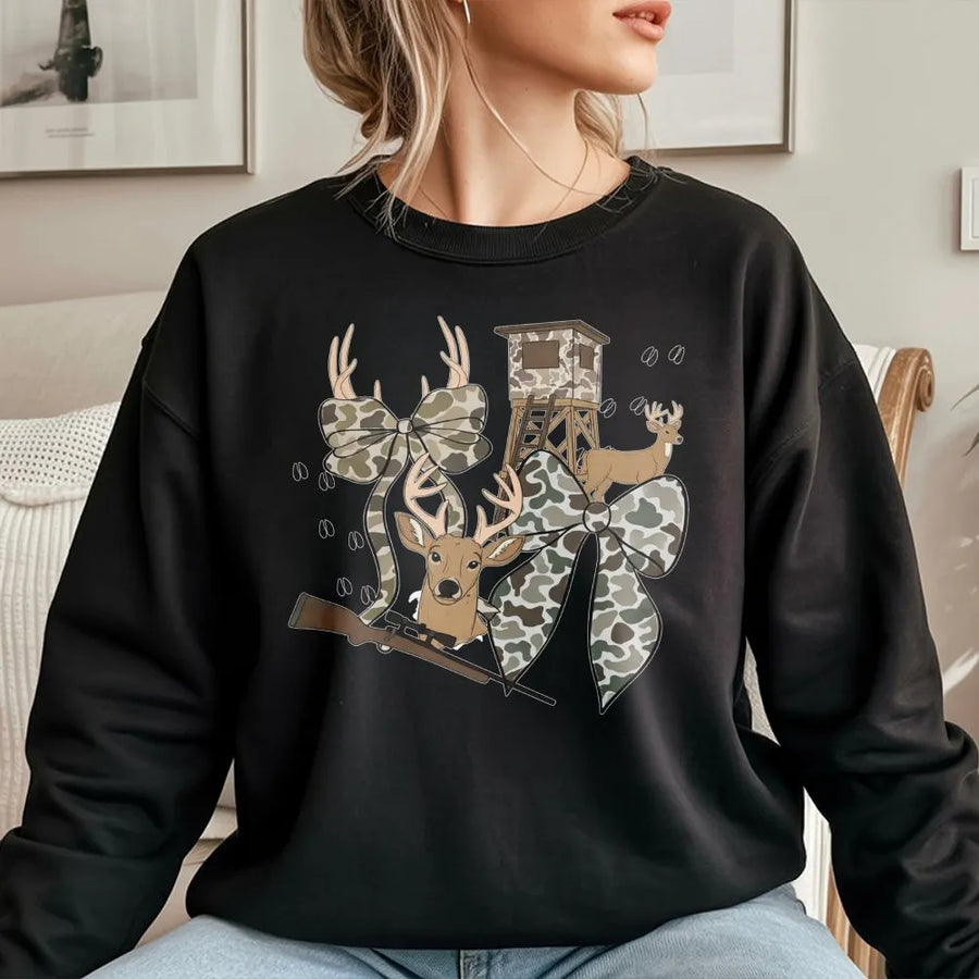 Hunting Season Sweatshirt | Camo Bow and Deer Graphic | Premium Cotton Blend | Gift for Hunter and Outdoor Enthusiast