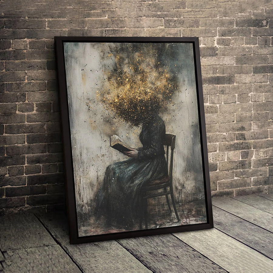 Surreal Woman Reading Canvas Art | Abstract Exploding Glitter Head Design | Gallery-Wrapped Premium Print | Moody Home Office Decor Gift