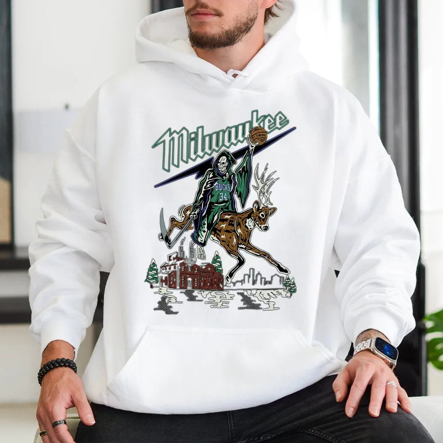 Milwaukee Bucks Grim Reaper Deer Hoodie – Giannis 34 Basketball Streetwear Graphic Hoodie, Nba Fan Gift, Vintage Milwaukee Bucks Hoodie