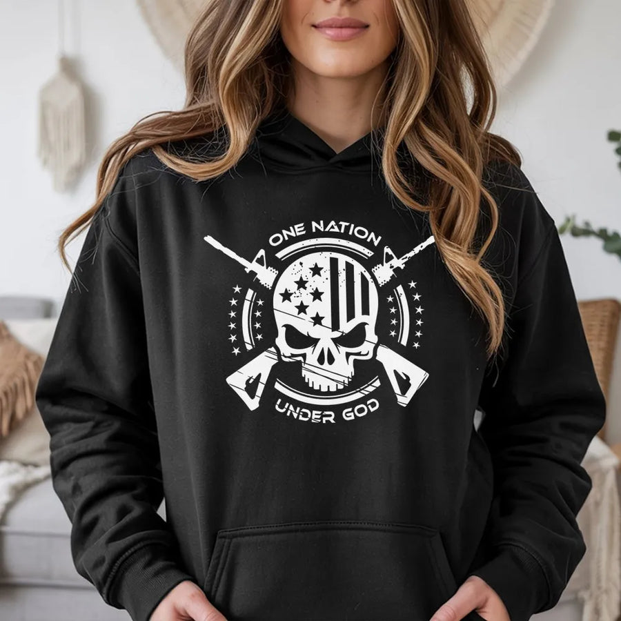 One Nation Under God Hoodie | Patriotic American Flag Skull Graphic | Premium Cotton Blend | Gift for Veterans and Gun Enthusiasts
