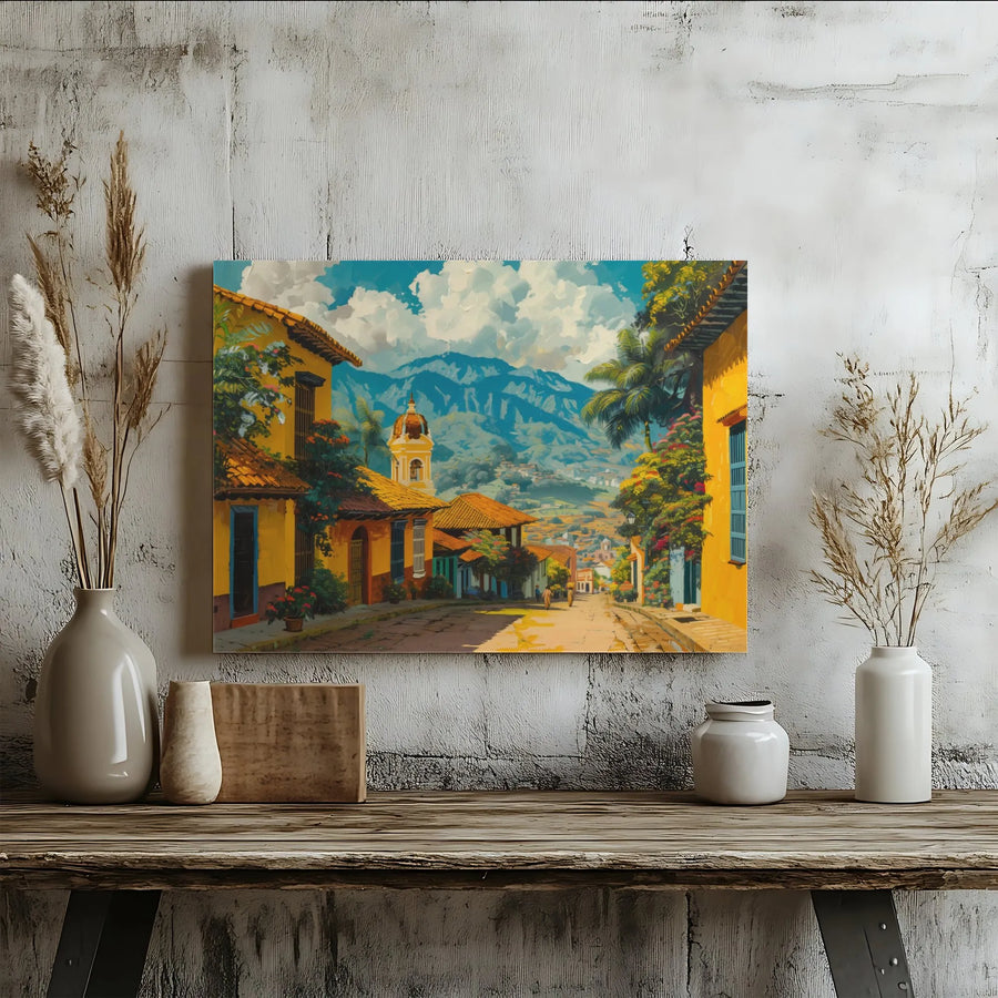 Colonial Town Street Art Canvas | Vibrant Latin American Village Landscape | Premium 1.25-Inch Gallery Wrap | Travel Inspired Home Wall Decor