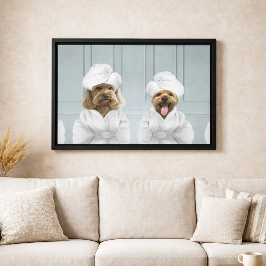 Dog Spa Wall Art | Two Dogs In Bathrobes And Towels Print | Gallery-Quality 1.25 Inch Thick Canvas | Whimsical Animal Portrait Home Decor Gift