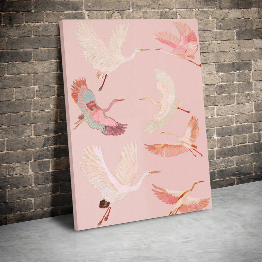 Flying Cranes Canvas Wall Art | Japanese Inspired Bird Illustration | Premium Gallery Wrapped Canvas | Boho Bedroom Decor Gift