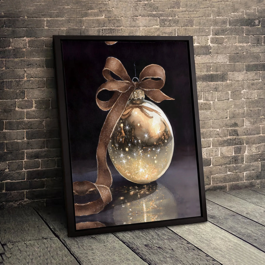 Gold Christmas Ornament Canvas Print | Elegant Glitter Ribbon Holiday Wall Art | Premium Gallery Wrapped Decor | Festive Winter Home Gift