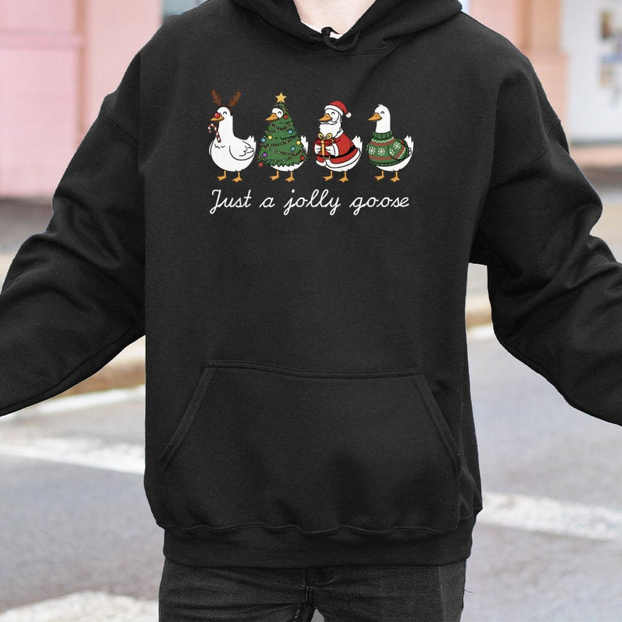 Just A Jolly Goose Hoodie | Cute Christmas Duck Graphic Sweatshirt | Premium Cotton Blend Pullover | Festive Holiday Gift for Animal Lovers