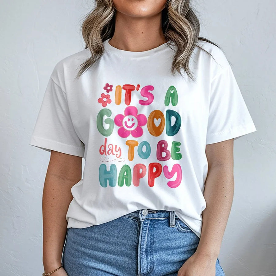 Good Day to Be Happy T Shirt | Retro Smiley Flower Graphic | Premium Cotton Tee | Inspirational Mental Wellness Gift for Her