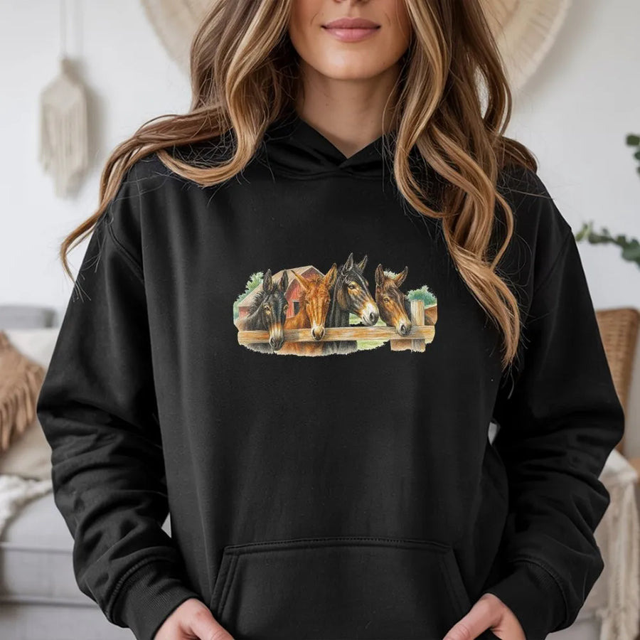 Vintage Horse Hoodie | Western Farm Scene Graphic Sweatshirt | Premium Cotton Blend | Gift for Country Cowboy & Rodeo Lovers