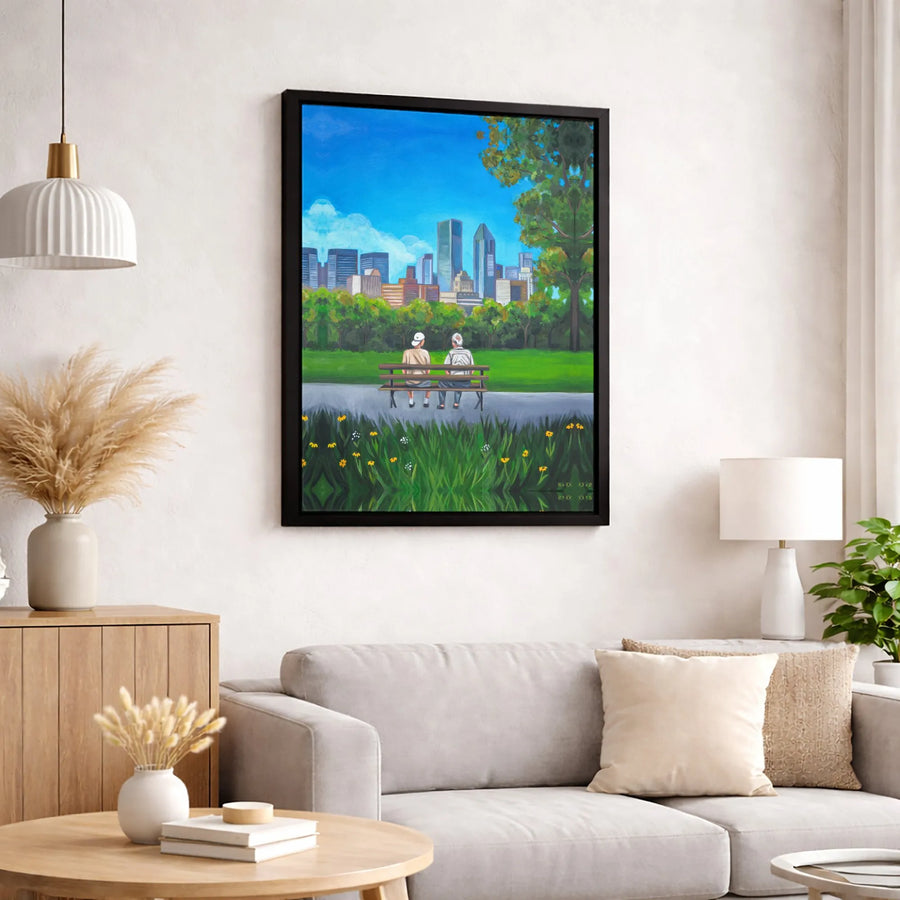 Elderly Couple Park Bench Canvas | City Skyline Art Print | Premium 1.25-Inch Gallery Wrap | Heartfelt Anniversary Gift for Parents