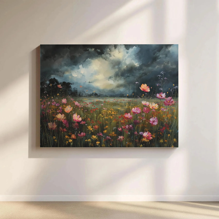 Wildflower Meadow Canvas Wall Art | Moody Floral Landscape Painting Print | Thick Gallery Wrap Canvas | Modern Farmhouse Wall Decor Gift