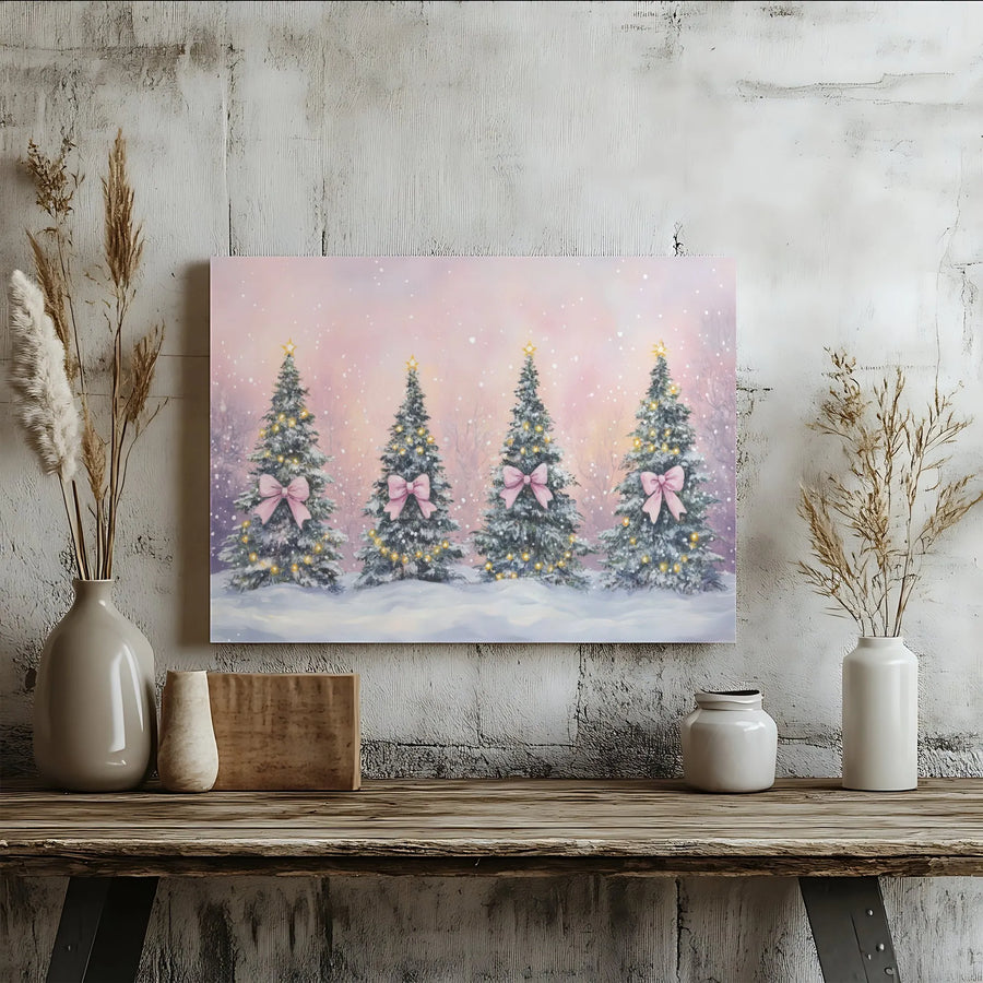 Pink Bow Christmas Tree Canvas Art | Snowy Holiday Landscape Wall Decor | Gallery Wrapped Premium Print | Festive Cozy Home Gift