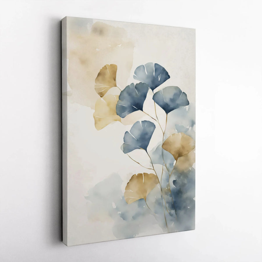 Ginkgo Leaf Wall Art | Watercolor Blue and Gold Botanical Canvas | Premium Gallery Wrapped Print | Modern Minimalist Home Decor