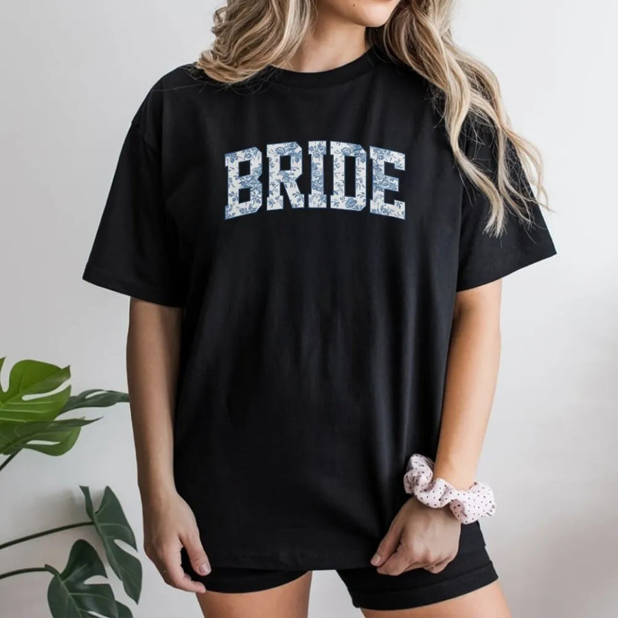 Blue Toile Bride Shirt | Chinoiserie Floral Varsity Print Tee | Premium Cotton Top | Future Mrs Bridal Shower Gift for Her
