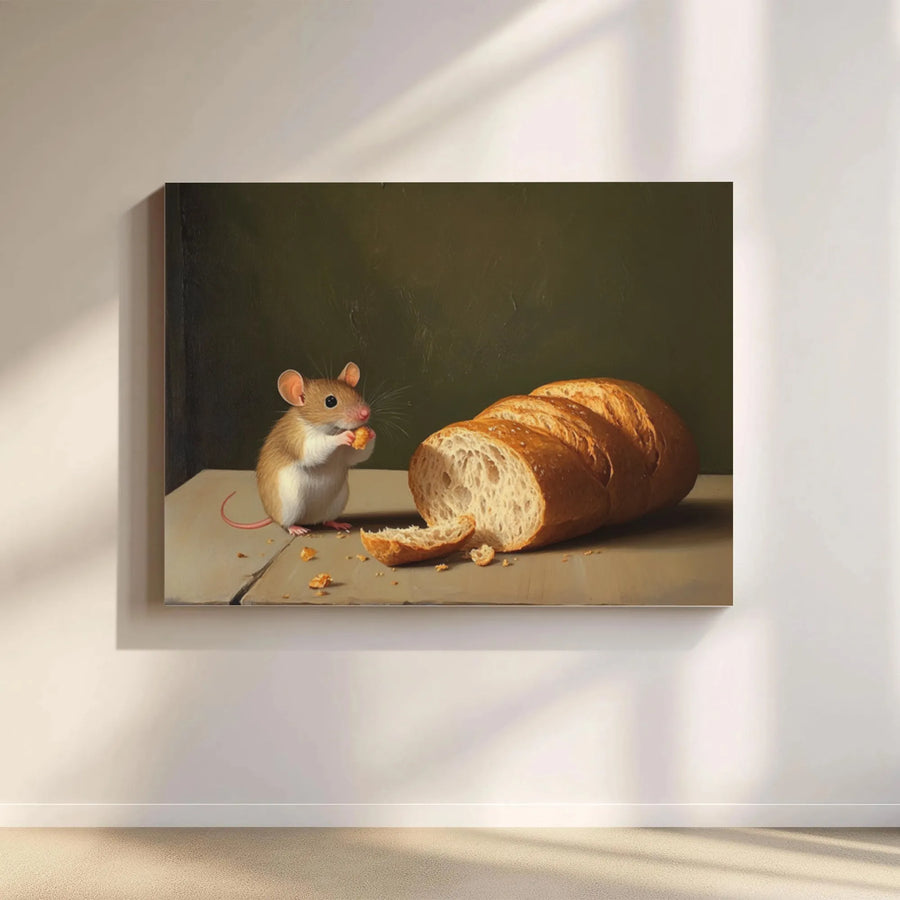 Vintage Mouse and Bread Canvas Print | Whimsical Animal Oil Painting Style | Premium Thick Gallery Wrap | Cottagecore Kitchen Decor Gift