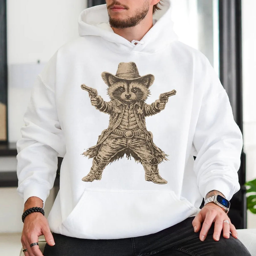 Cowboy Raccoon Hoodie | Retro Western Gunslinger Graphic | Soft Cotton Blend Sweatshirt | Funny Unisex Animal Lover Gift
