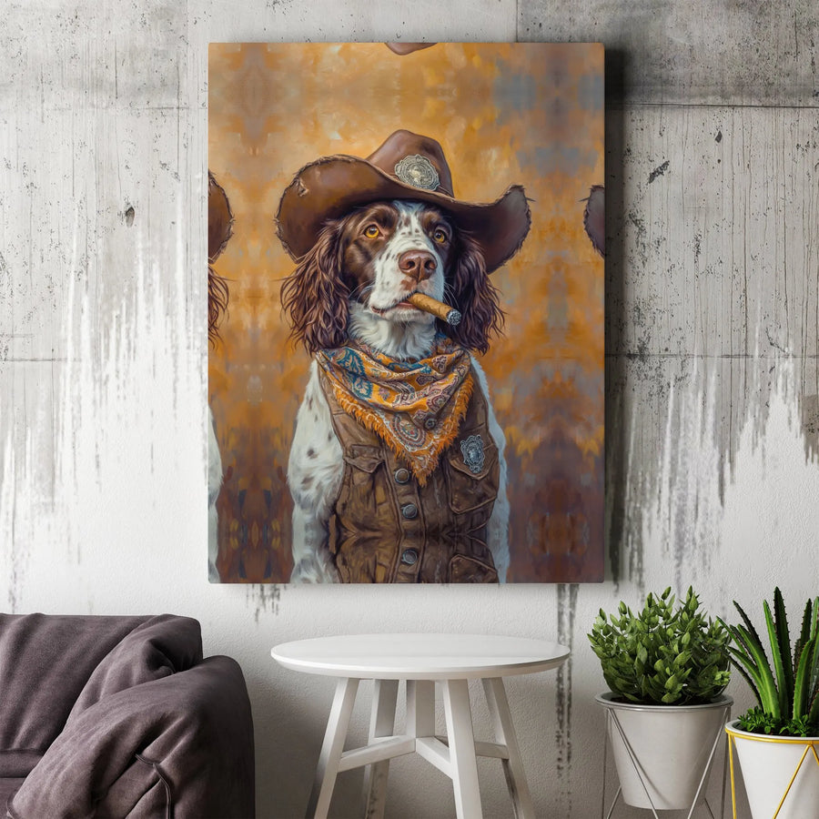 Cowboy English Springer Spaniel Wall Art | Western Dog Smoking Cigar Portrait | Premium Gallery Wrapped Canvas | Rustic Man Cave Decor Gift