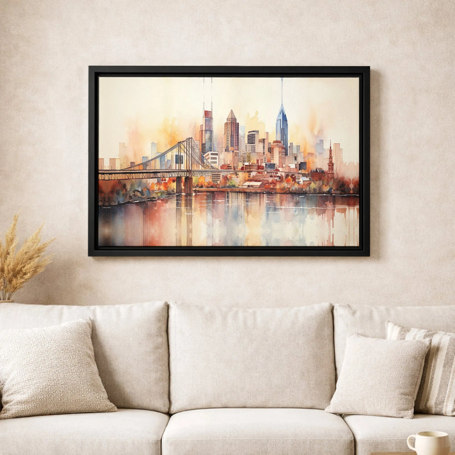 Philadelphia Skyline Canvas Art | Ben Franklin Bridge Watercolor Print | Premium Gallery Wrapped Wall Decor | Cityscape Home Office Gift