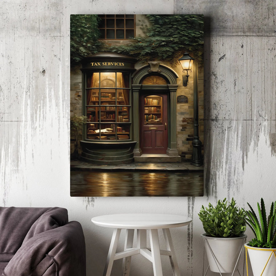Tax Services Wall Art | Vintage Bookstore Accounting Office Decor | Premium Gallery Wrap Canvas | Gift for CPA Accountant Professional