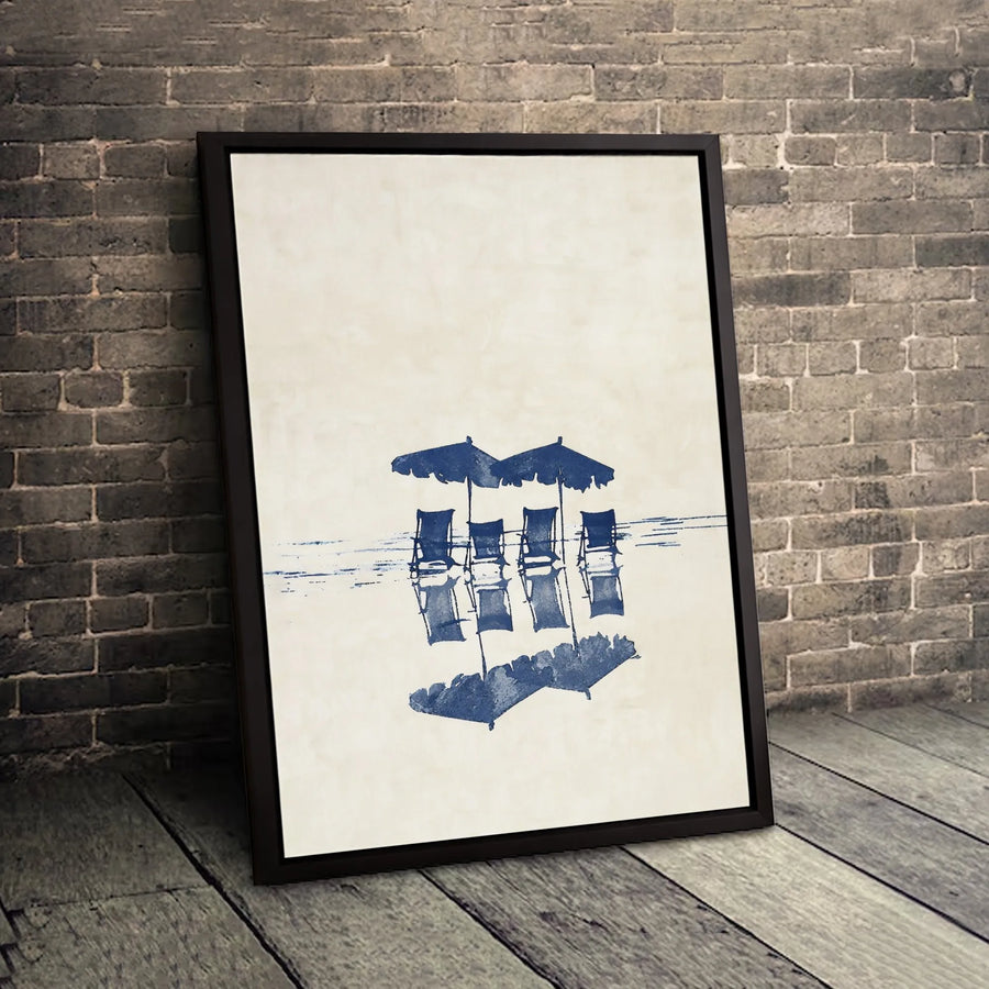 Beach Chair Canvas Art | Minimalist Blue Ocean Umbrella Reflection | Premium Gallery Wrapped Wall Decor | Coastal Home Office Gift