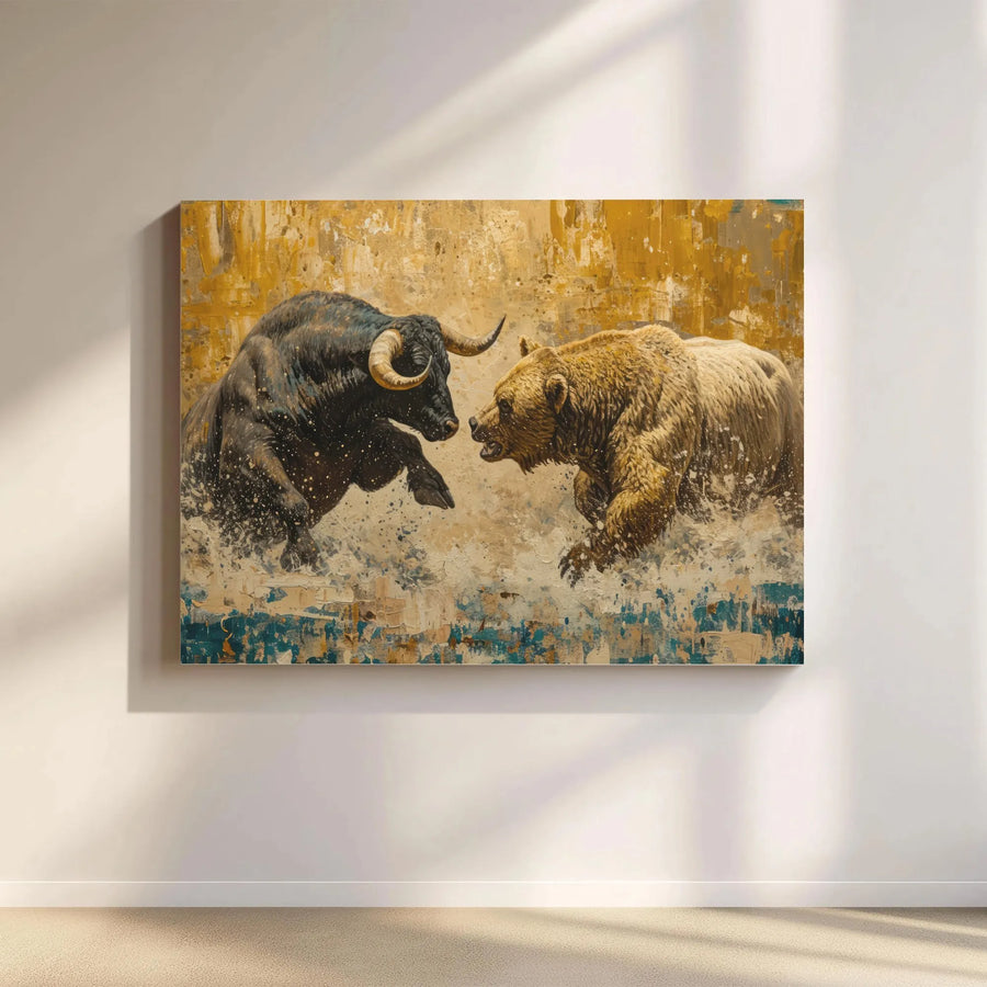 Bull and Bear Canvas Wall Art | Textured Stock Market Painting Print | Premium Gallery Wrapped Canvas | Office Decor Gift for Stock Trader